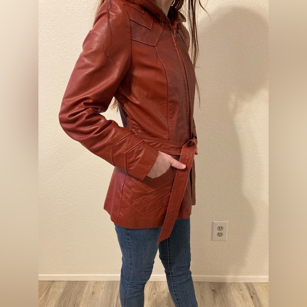 Vintage 70s Leather Coat Rust Red Trench Hooded with Belt Women’s Small